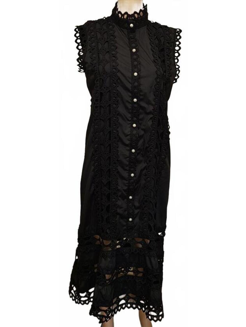 Xing Chen Ka Black Sleeveless Lace Detail Midi Womens Dress Pearl Buttons Size S